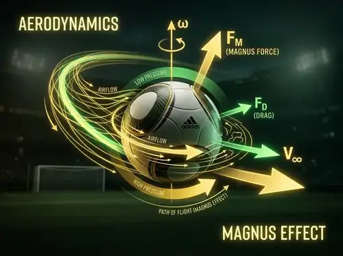 Vector trajectories diagram representing Magnus effect forces on a soccer ball