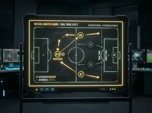 Tactical soccer chalkboard schematic showing 3-vs-2 numbers in final third