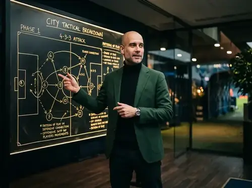 Pep Guardiola standing in front of a tactical football board mockup