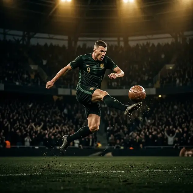 Striker kicking a soccer ball in an emerald stadium under warm gold lighting